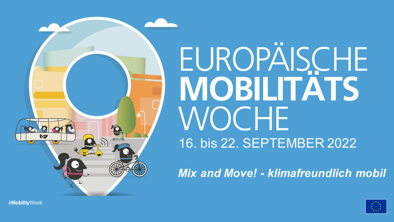 Grafik mit rad-, bus- E-rollerfahrenden und laufenden Figuren in städtischer Umgebung. Beschriftung: Europäische Mobilitätswoche. Mix and Move! - klimafreundlich mobil #Mobilityweek