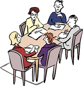 Menschen sitzen als Arbeitsgruppe um einen Tisch